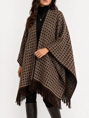 Zara Houndstooth Fringe Poncho Jacquard Knit Cape Boho Western Cozy One Size